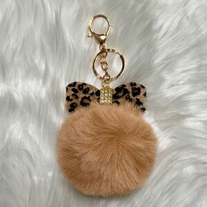 Leopard Print Bow With Rhinestones Pom Pom Bag Charm Keychain Tan Gold New